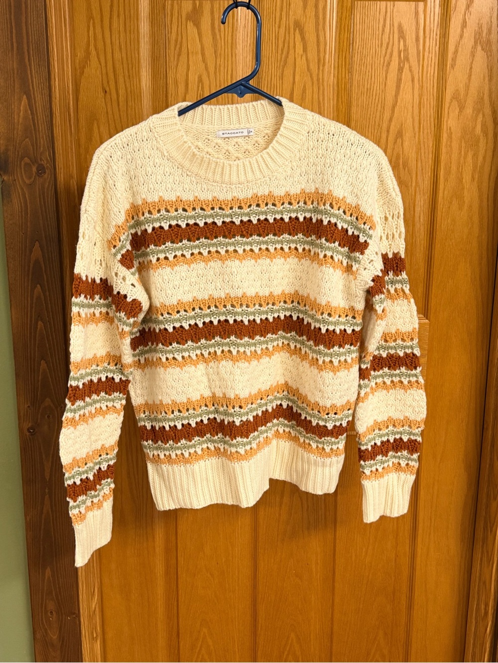 Staccato Cream Striped Open-Knit Sweater with Rust & Olive Accents